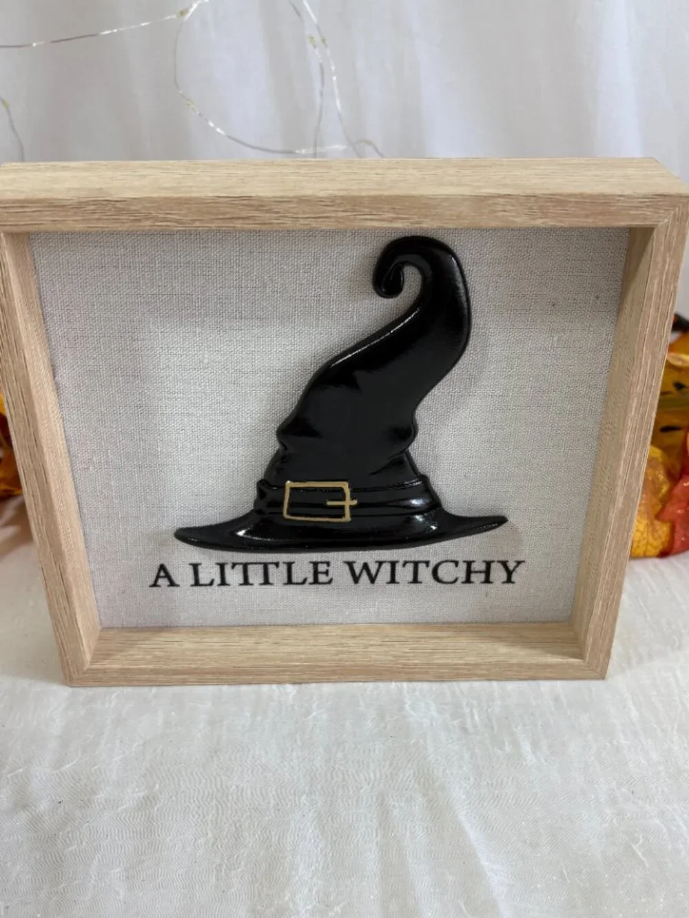 Halloween Framed Witch Hat Sign A LITTLE WITCHY 3 D HAT T table or mantle New